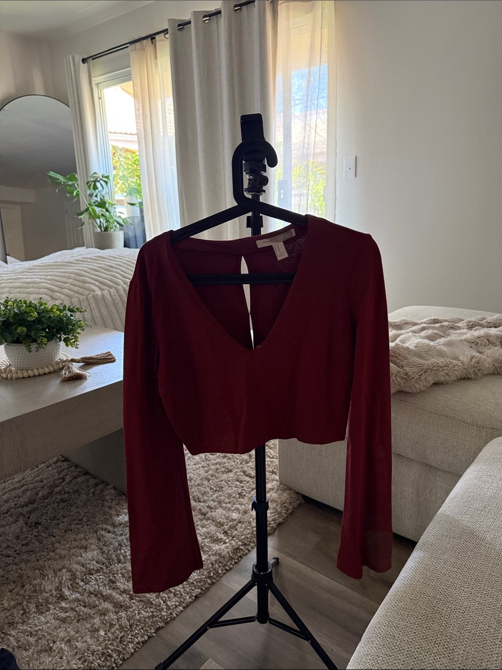 Forever 21 Burgundy V-Neck Long Sleeve Crop Top